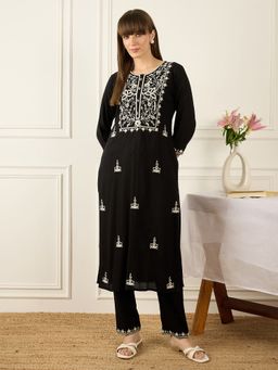 Indo Era - Black Embroidered Straight Kurta with Pant