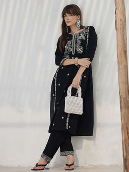 Indo Era - Black Embroidered Straight Kurta with Pant