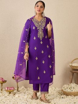 Indo Era - Purple Embroidered Straight Kurta With Pant & Dupatta