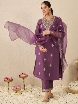 Indo Era - Mauve Embroidered Straight Kurta With Pant & Dupatta
