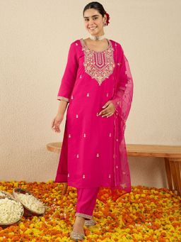 Indo Era - Pink Embroidered Straight Kurta With Pant & Dupatta