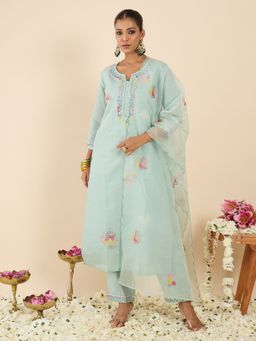 Indo Era - Sea Green Embroidered Straight Kurta With Pant & Dupatta