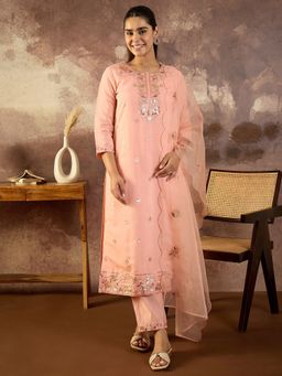 Indo Era - Peach Embroidered Straight Kurta With Pant & Dupatta