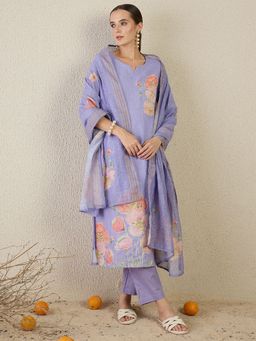 Indo Era - Purple Printed Straight Kurta With Pant & Dupatta