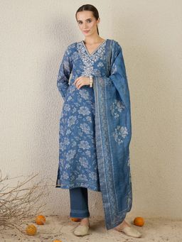 Indo Era - Blue Straight Kurta With Pant & Dupatta