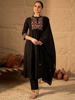 Indo Era - Black Embroidered A-Line Kurta With Pant & Dupatta