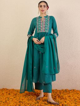 Indo Era - Teal Embroidered A-Line Kurta With Pant & Dupatta