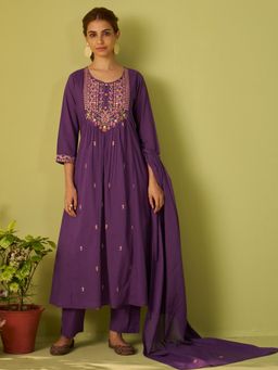 Indo Era - Purple Embroidered A-Line Kurta With Pant & Dupatta
