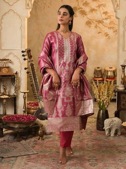 Indo Era - Pink Woven Design Straight Kurta With Pant & Dupatta