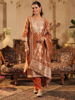 Indo Era - Rust Woven Design Straight Kurta With Pant & Dupatta