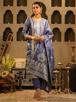 Indo Era - Purple Self Design Straight Kurta With Pant & Dupatta