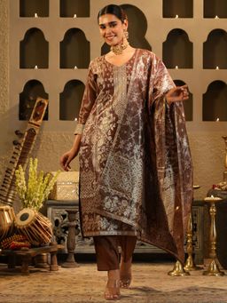 Indo Era - Brown Woven Design Straight Kurta With Pant & Dupatta