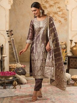 Indo Era - Brown Woven Design Straight Kurta With Pant & Dupatta