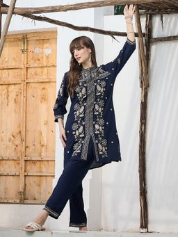 Indo Era - Navy Blue Embroidered A-Line Kurta with Pant