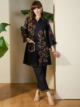 Indo Era - Black Embroidered A-Line Kurta with Pant