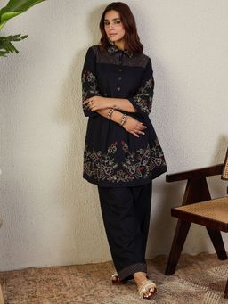 Indo Era - Black Embroidered A-Line Kurta with Pant