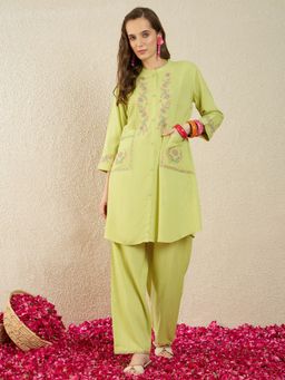Indo Era - Green Embroidered A-Line Kurta With Pant