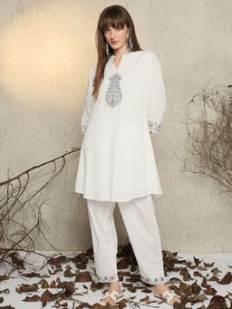 Indo Era - White Embroidered A-Line Kurta with Pant