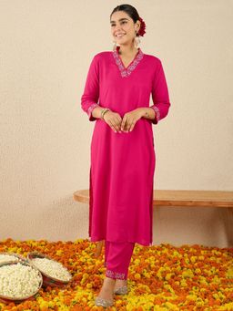 Indo Era - Pink Embroidered Straight Kurta with Pant