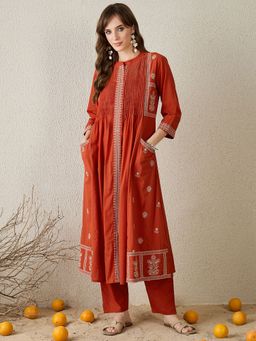 Indo Era - Rust Embroidered A-Line Kurta with Pant