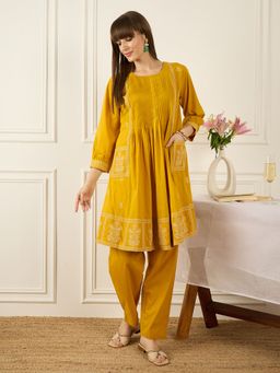 Indo Era - Mustard Embroidered A-Line Kurta with Pant
