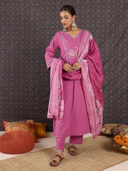 Indo Era - Pink Embroidered Straight Kurta With Pant & Dupatta