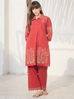 Indo Era - Rust Embroidered A-Line Kurta with Pant