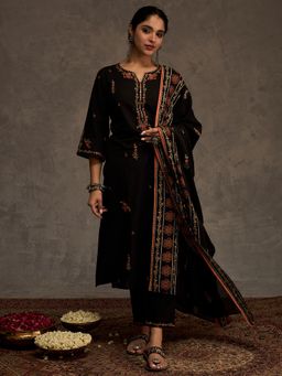 Indo Era - Black Embroidered Straight Kurta With Pant & Dupatta