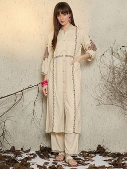 Indo Era - Beige Embroidered Straight Kurta Pant