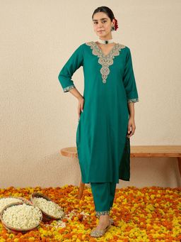 Indo Era - Green Embroidered Straight Kurta with Pant