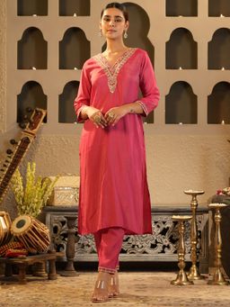 Indo Era - Pink Embroidered Straight Kurta with Pant