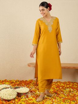 Indo Era - Yellow Embroidered Straight Kurta with Pant