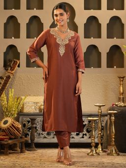 Indo Era - Brown Embroidered Straight Kurta with Pant