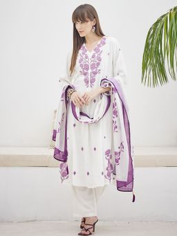 Indo Era - Purple Embroidered A-Line Kurta With Pant & Dupatta