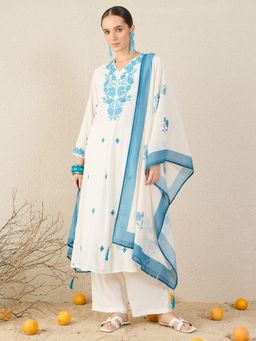 Indo Era - Blue Embroidered A-Line Kurta With Pant & Dupatta