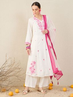 Indo Era - Pink Embroidered A-Line Kurta With Pant & Dupatta