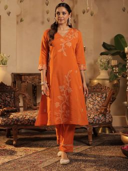 Indo Era - Orange Embroidered A-Line Kurta With Pant & Dupatta