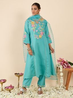 Indo Era - Sea Green Embroidered A-Line Kurta With Pant & Dupatta