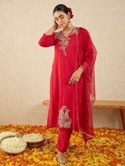 Indo Era - Red Embroidered Straight Kurta With Pant & Dupatta