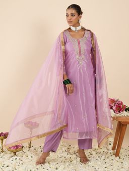 Indo Era - Lavender Embroidered Straight Kurta With Pant & Dupatta