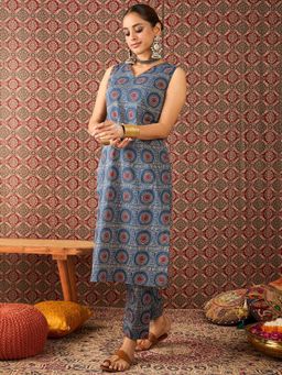 Indo Era - Blue Printed Straight Co-Ord Set