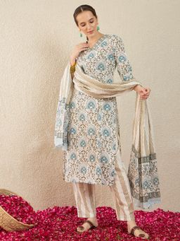 Indo Era - White Printed Straight Kurta With Pant & Dupatta
