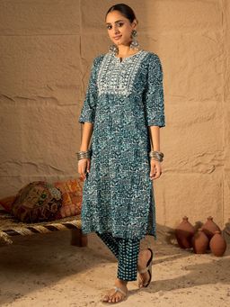 Indo Era - Blue Embroidered Straight Kurta with Pant