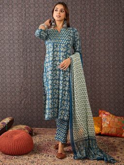 Indo Era - Blue Printed Straight Kurta With Pant & Dupatta