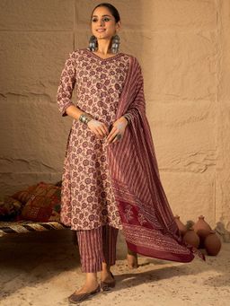 Indo Era - Maroon Printed Straight Kurta With Pant & Dupatta