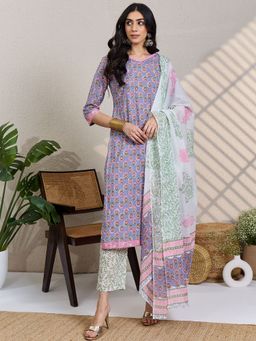 Indo Era - Grey Printed Straight Kurta With Pant & Dupatta