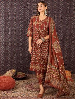Indo Era - Maroon Printed A-Line Kurta With Pant & Dupatta