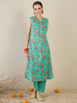 Indo Era - Green Printed A-Line Kurta with Pant