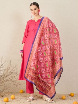 Indo Era - Pink Solid A-Line Kurta & Pant With Dupatta