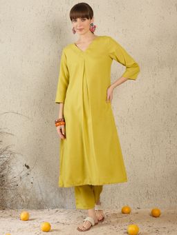 Indo Era - Olive Solid A-Line Kurta with Pant